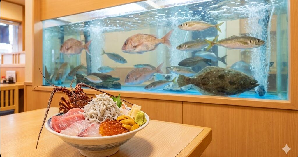 内の大きな生簀で泳ぐ魚と、テーブルに置かれた伊勢海老や生シラスの豪華な海鮮丼