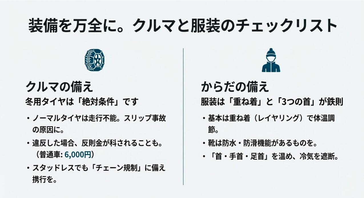 冬用タイヤの義務と反則金、重ね着や「3つの首」の保護など、具体的な装備チェックポイントをまとめたリスト。