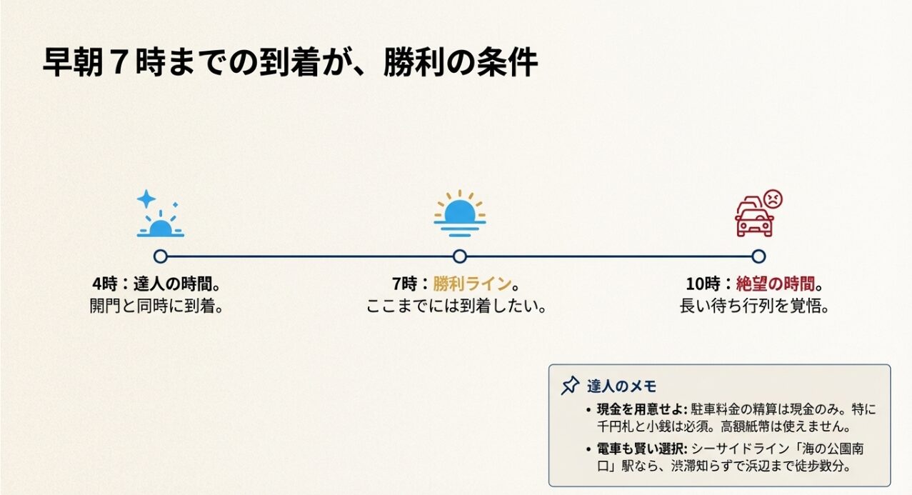 到着時間別の混雑状況（4時・7時・10時）と、駐車料金が現金のみである注意点、シーサイドライン利用のメリットのまとめ。