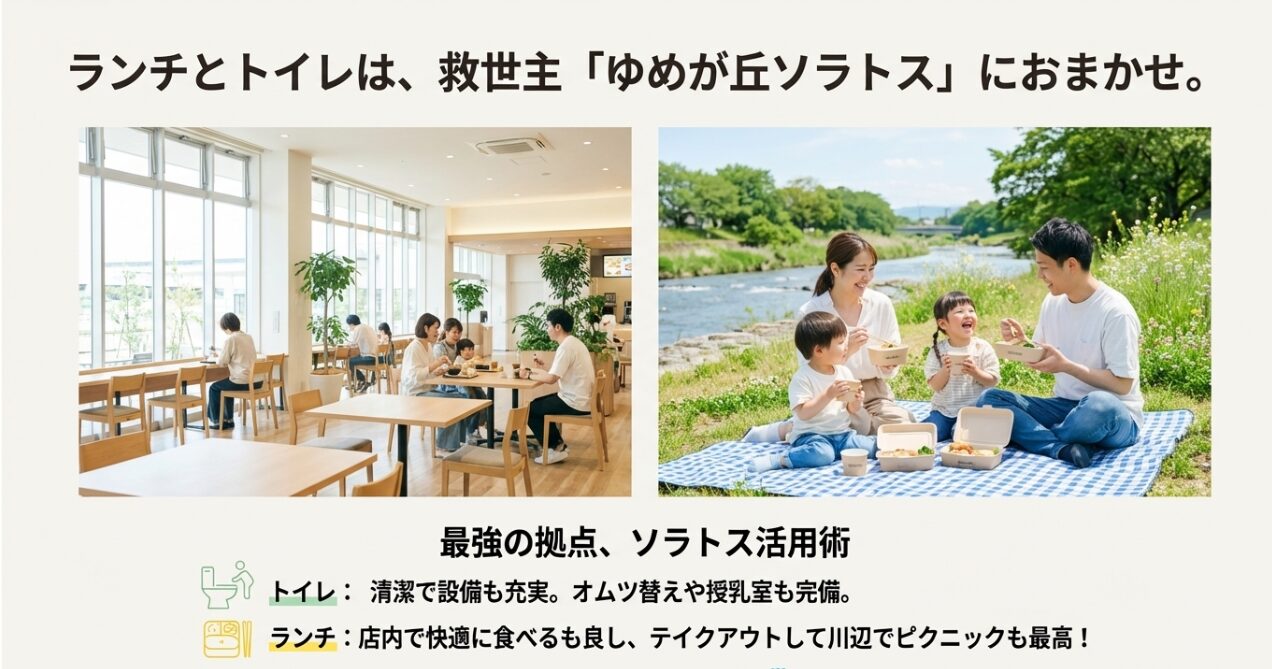 午前中に川遊び、午後にソラトスでのランチや屋上「そうにゃんぱーく」での遊びを組み合わせた理想的なタイムスケジュール。