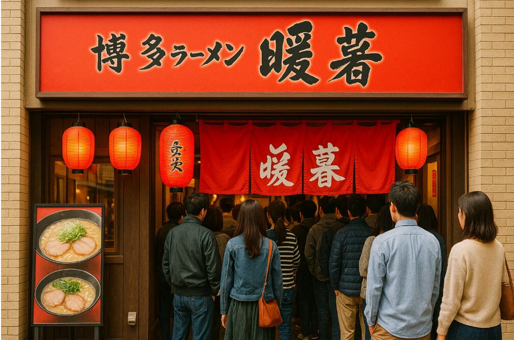 博多ラーメン「暖暮」の店舗外観。赤い提灯とのれんが掛かり、入店を待つ人々の行列ができている人気店の様子。