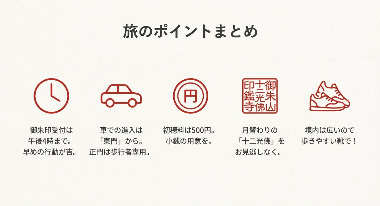 受付時間、東門からの進入、小銭の用意、歩きやすい靴など参拝の注意点を凝縮したまとめスライド
