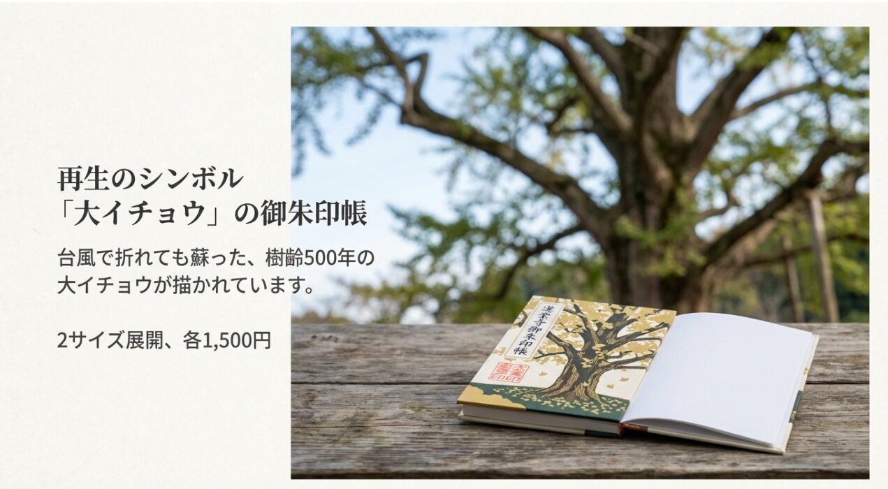 台風から蘇った樹齢500年の大イチョウをデザインした、2サイズ展開のオリジナル御朱印帳紹介