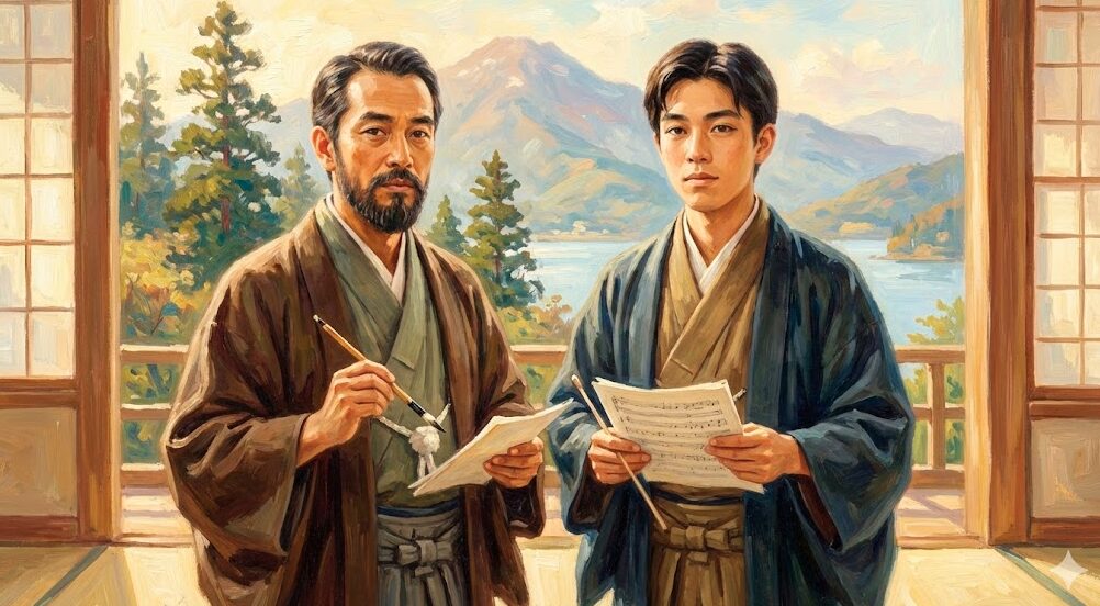 唱歌「箱根八里」の作詞者である鳥居忱と、作曲者である滝廉太郎の肖像画。