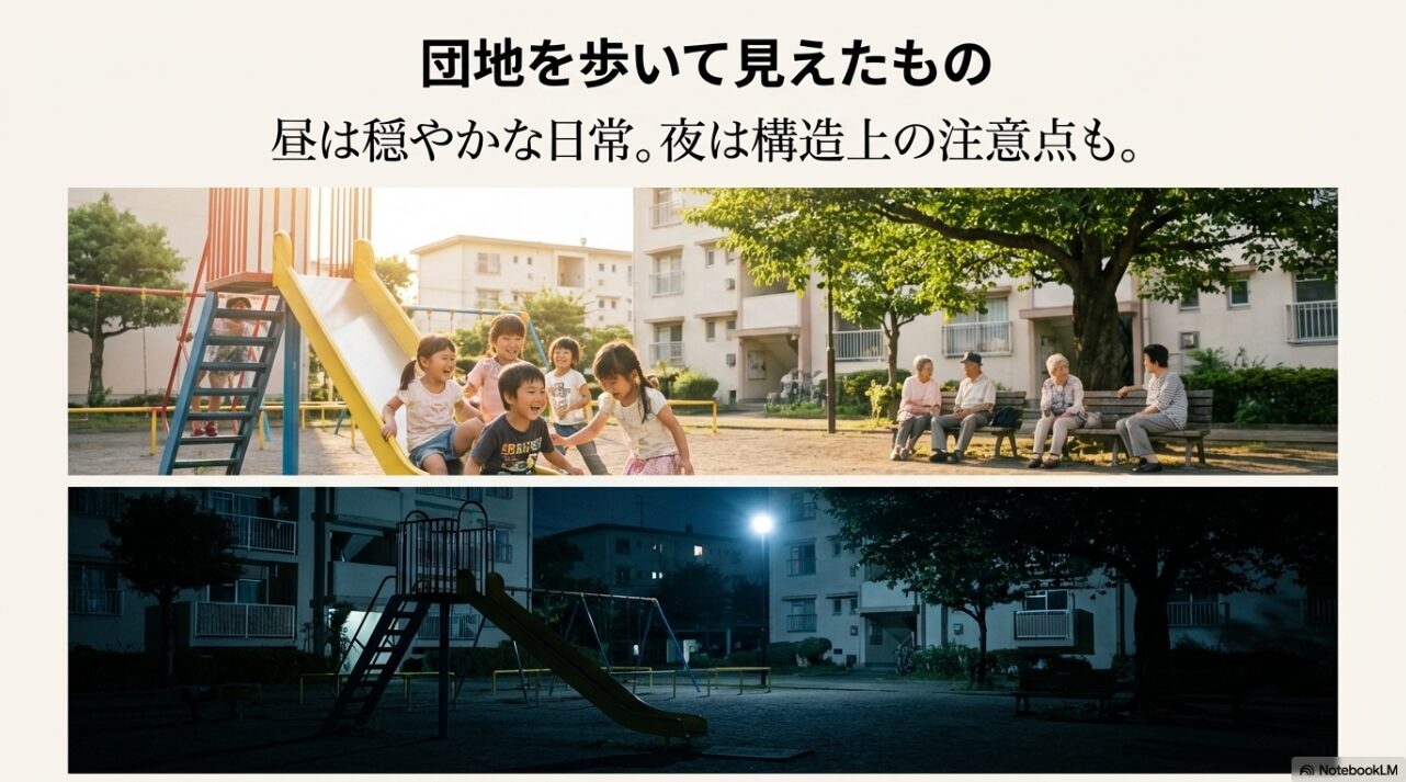 団地内の公園で遊ぶ子供たちや、ベンチで談笑する高齢者たちの写真。昼間は穏やかな日常があることを伝えるスライド。