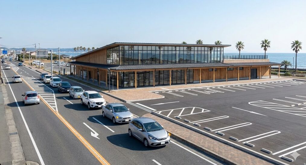 国道134号線沿いにある道の駅の外観と、駐車場へスムーズに左折入場する車の流れ