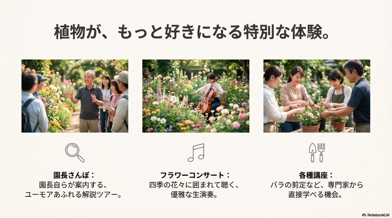 園長によるガイドツアー、音楽コンサート、バラの剪定講座の様子を伝える写真