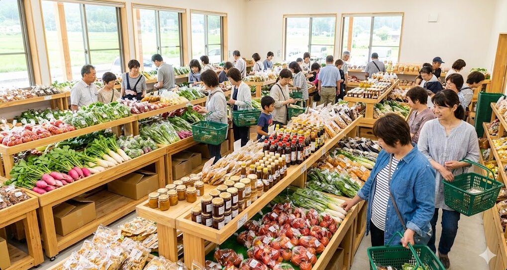 地元の特産品や新鮮な野菜が並ぶ、活気ある道の駅の物販コーナーで買い物をする人々