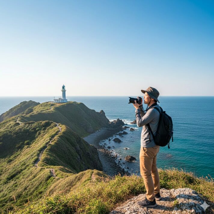城ヶ島の美しい海岸線と灯台を背景に、カメラを持つ日本人旅行者が島の景色を眺めている様子。