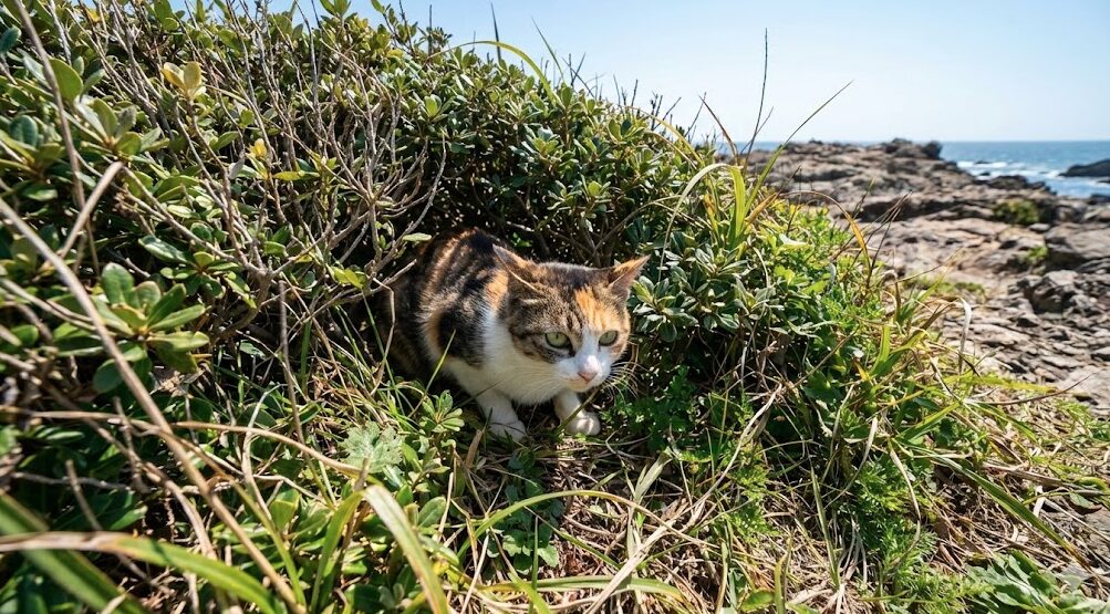 城ヶ島公園内の茂みや植え込みの中に隠れて、警戒心を持って周囲を伺っている猫。