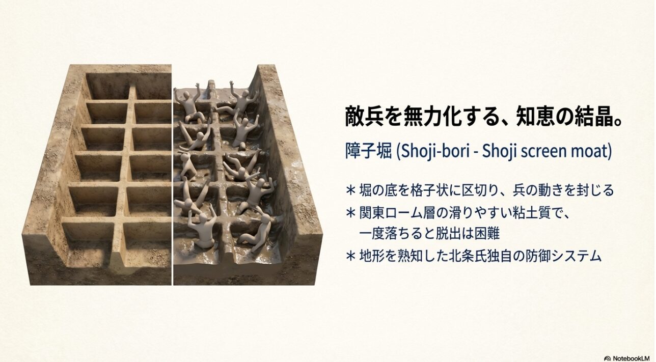 堀の底が格子状に区切られた障子堀の構造図と、落ちた兵士が動けなくなっている様子を描いたイメージ図。
