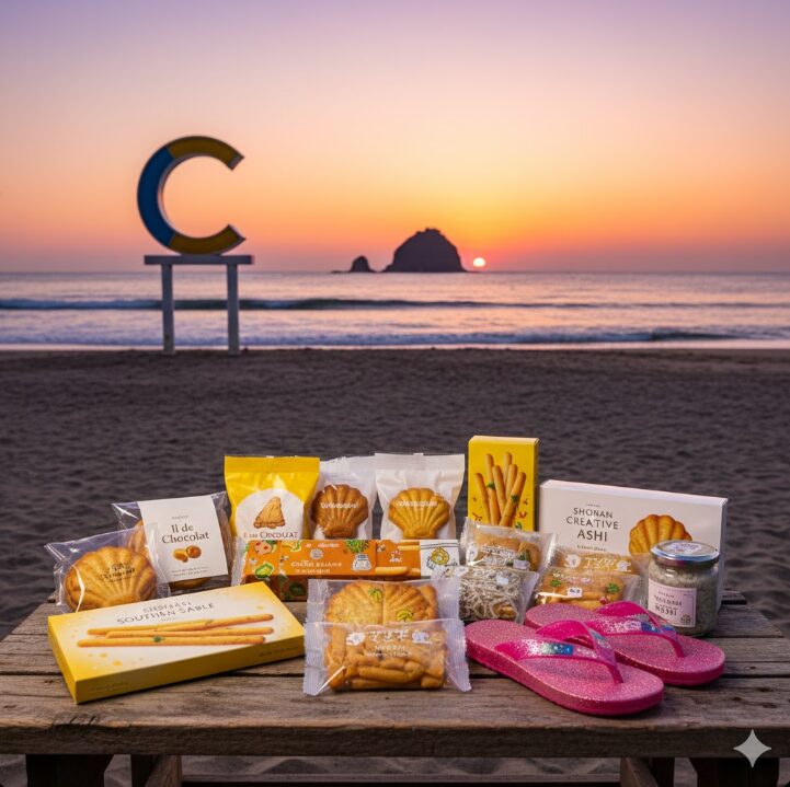 夕暮れの茅ヶ崎サザンビーチ、「サザンC」モニュメントとえぼし岩を背景に並べられた、茅ヶ崎の代表的なお土産（サザンサブレー、湘南チーズパイなど）の集合写真。