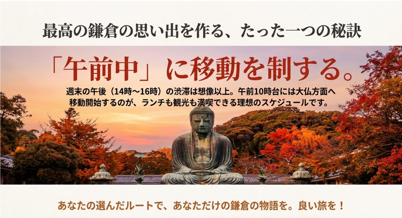 夕暮れの鎌倉大仏の画像。「午前中に移動を制する」という秘訣と、10時台の移動開始を推奨するアドバイスが書かれたスライド。