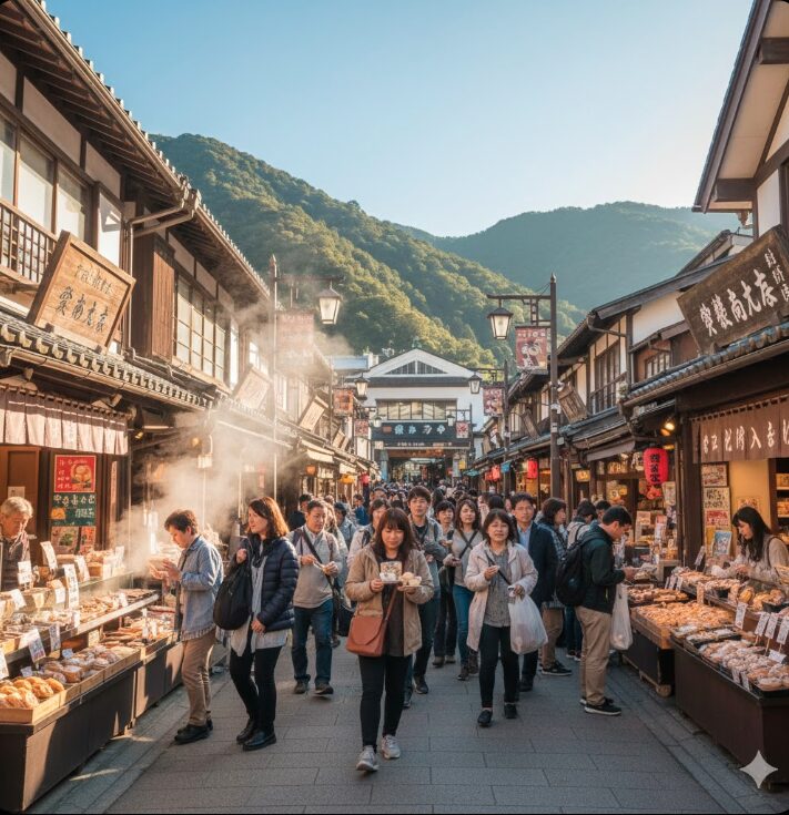 多くの日本人観光客で賑わう箱根湯本駅前の商店街と食べ歩きの活気ある風景