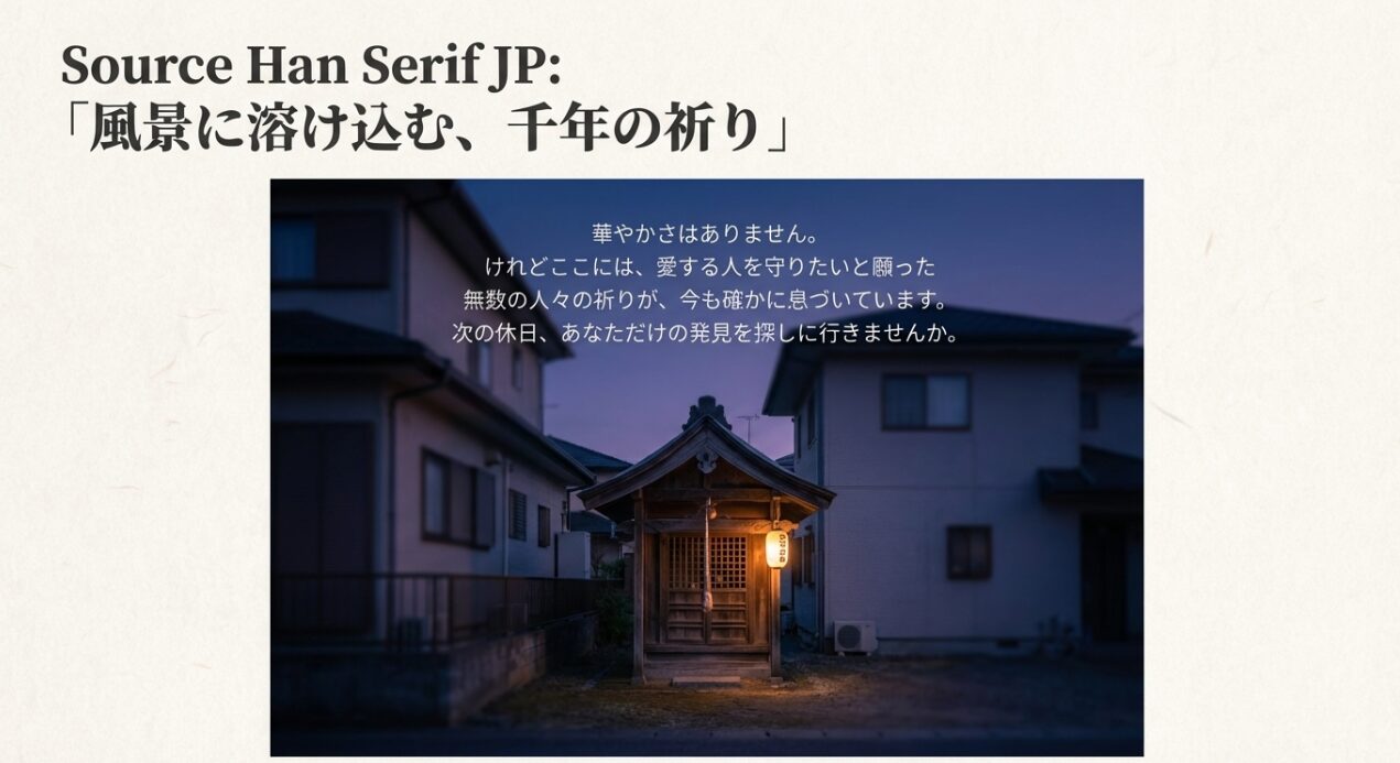 夜の住宅街にひっそりと灯る神社の提灯と、愛する人を守りたいと願った人々の祈りに触れるメッセージを添えたスライド