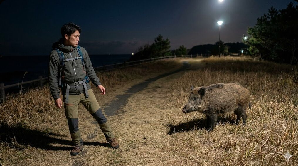 夜の草むらの遊歩道で野生のイノシシに遭遇し、ゆっくりと後退して距離を取るアジア人男性の様子。城ヶ島におけるイノシシ遭遇のリスクを示す。