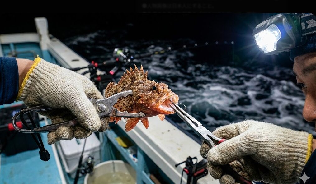 夜釣りの外道として釣れた毒魚を、素手で触らずにフィッシュグリップ（魚ばさみ）とプライヤーで安全に処理している様子のクローズアップ。