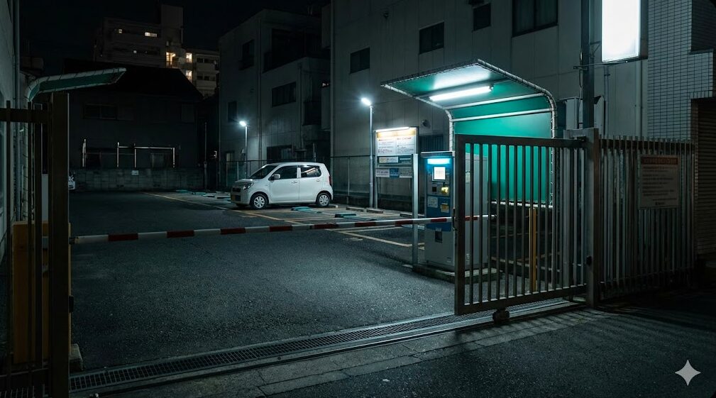 夜間に閉鎖された駐車場の金属製ゲートと、その内側に閉じ込められてしまった車の様子。夜間閉鎖と料金システムの間違いの危険性を示す。