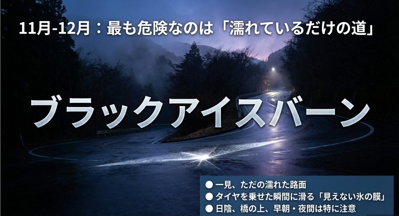 夜間の濡れたように見える路面と、そこに潜む「見えない氷の膜」への注意を促す解説画像。
