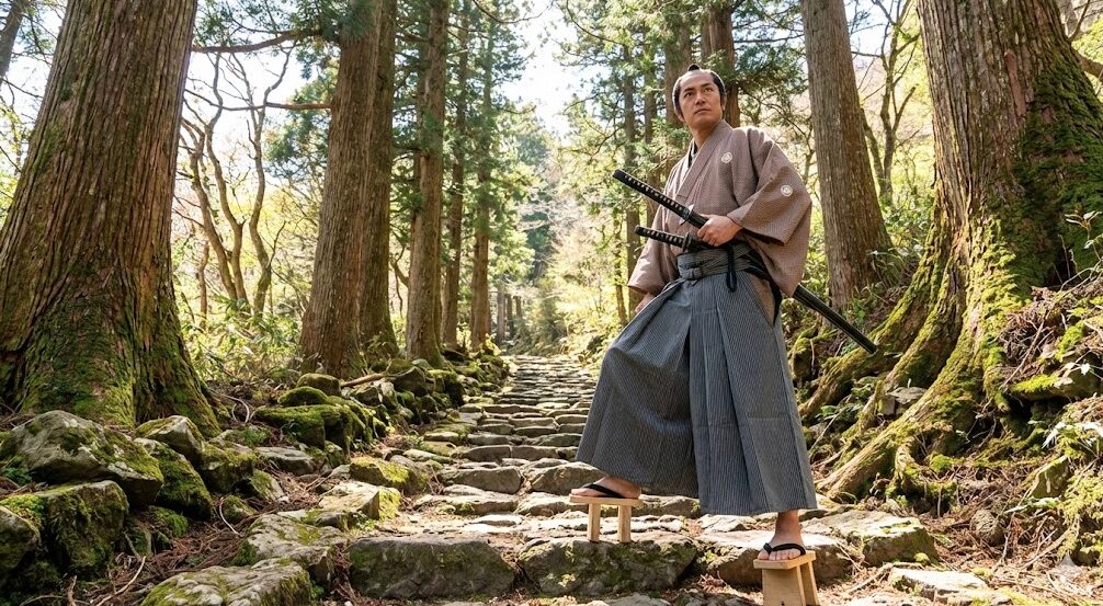 大刀を差し、高下駄（足駄）を履いて箱根の険しい道を堂々と歩く江戸時代の武士の姿。