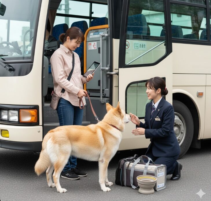 大型犬がバスの広い座席スペースに落ち着いて座り、飼い主がスタッフに狂犬病予防やワクチンの接種証明書を提示している様子。