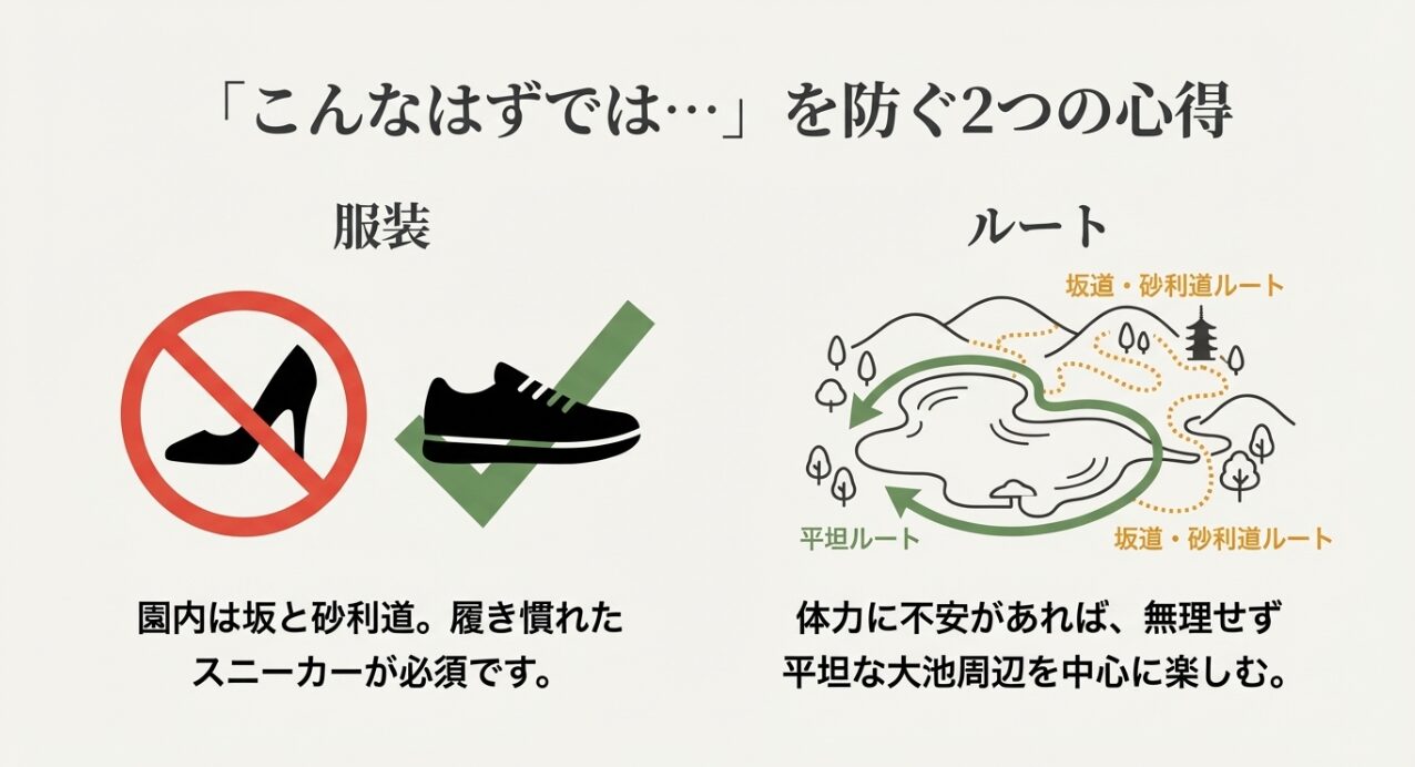 大池周辺の平坦ルートと、三重塔などに向かう坂道・砂利道ルートの図解。スニーカーが必須であることを示すガイド
