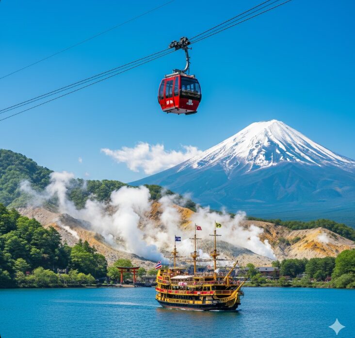 大涌谷上空を運行する箱根ロープウェイと、芦ノ湖の海賊船。フリーパスの損益分岐点を決める主要な乗り物を強調。