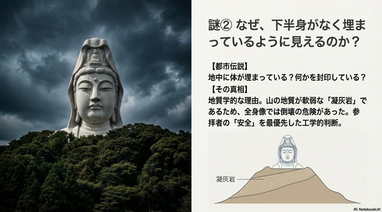 大船観音が建つ山の地質「凝灰岩」の図解。安全性を考慮して全身像ではなく胸像になった工学的理由を説明。