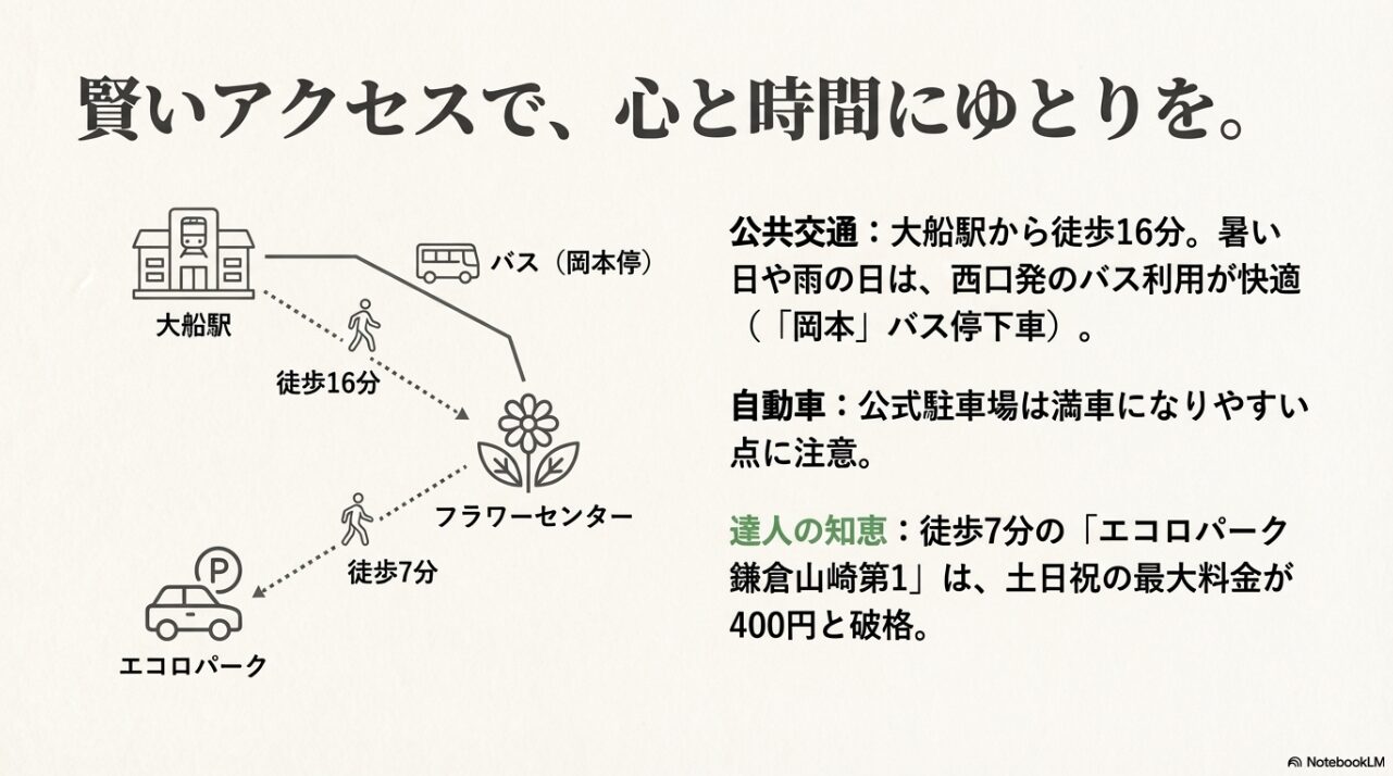大船駅からの徒歩ルート、バス停、公式駐車場、および安価な周辺駐車場の位置を示した案内図
