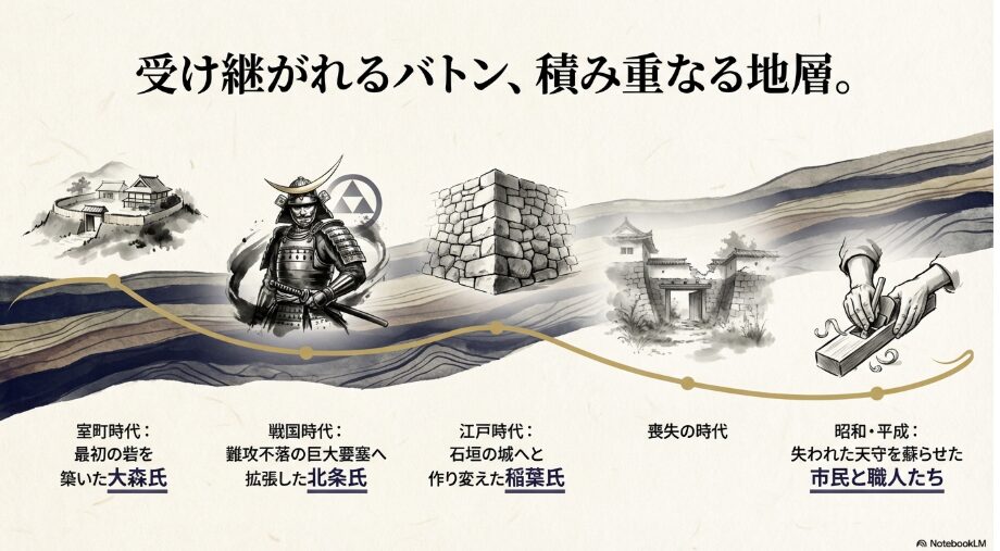 室町時代の大森氏、戦国時代の北条氏、江戸時代の稲葉氏、そして昭和・平成の市民と職人という、小田原城の歴史を形作った人々の変遷を示した年表。