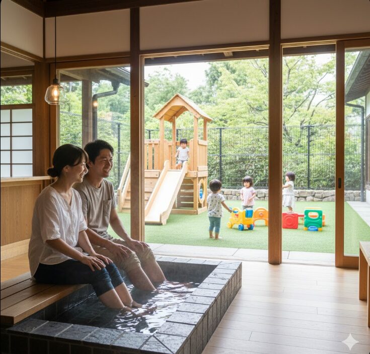 宮ノ下のNARAYA CAFEで、足湯に浸かりながらキッズスペースで遊ぶ子供を見守る日本人夫婦の様子。