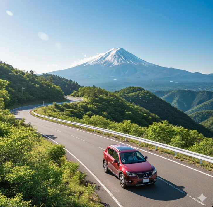 富士山を正面に望みながら箱根の山岳道路を快適に走行するドライブの様子
