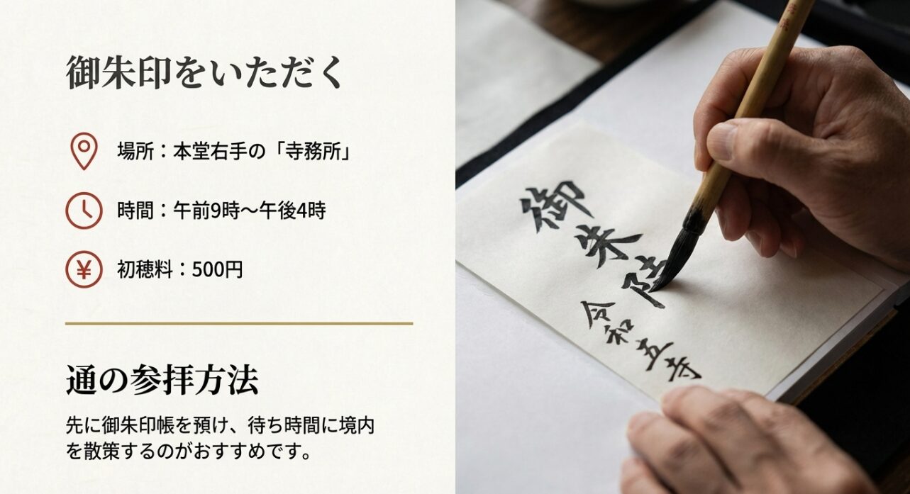 寺務所での受付時間（9時〜16時）や初穂料（500円）、先に預ける参拝のコツをまとめたスライド