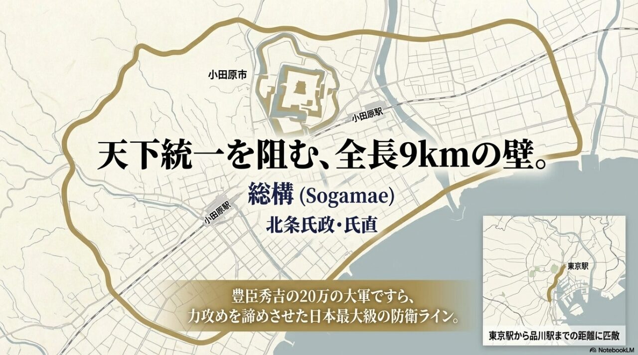 小田原城の総構（そうがまえ）の広大な範囲を示した地図と、その距離が東京駅から品川駅間に匹敵することを示した図解。