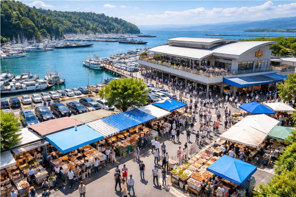 小田原漁港の活気と、「漁港の駅 TOTOCO小田原」の賑わいを写した俯瞰写真。新鮮な海産物と市場の雰囲気が伝わる。