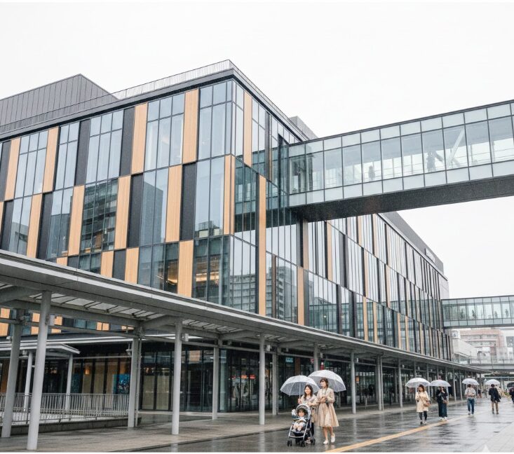 小田原駅直結の複合施設「ミナカ小田原」のモダンな外観。雨の日でも濡れずにアクセスできる利便性を表す。