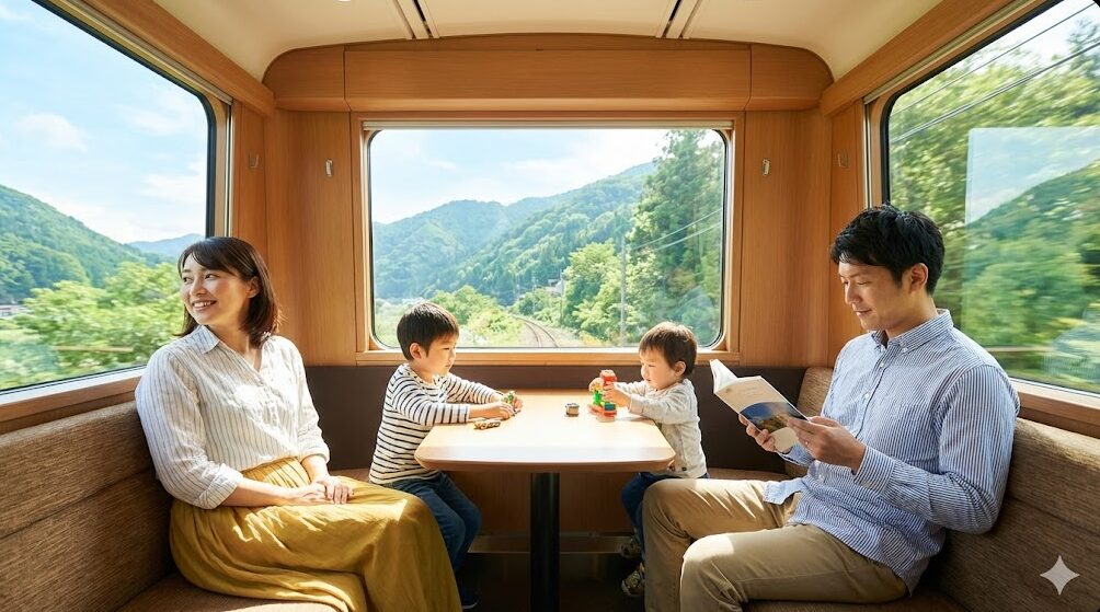 小田急ロマンスカーEXEαの個室サルーン席で、周囲を気にせずリラックスして移動時間を過ごす日本人家族の様子。