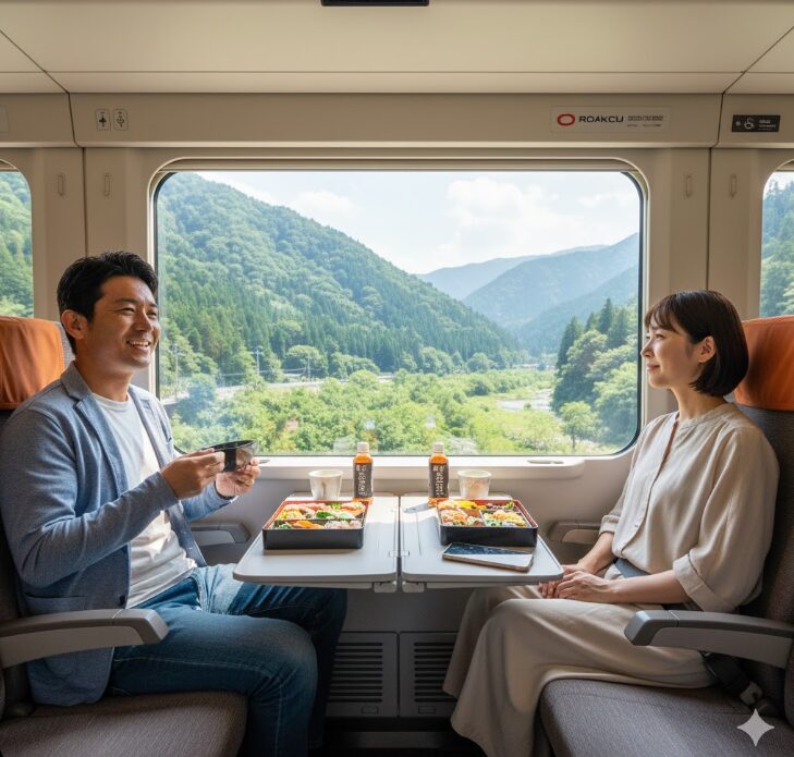 小田急ロマンスカーの快適な車内。特急券が別途必要であるロマンスカー利用時の総額計算を視覚的に補足。