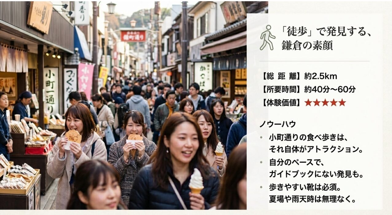 小町通りの賑わう様子と、総距離約2.5km、所要時間40〜60分、食べ歩きを楽しみながら自分のペースで歩く魅力を伝えるスライド。