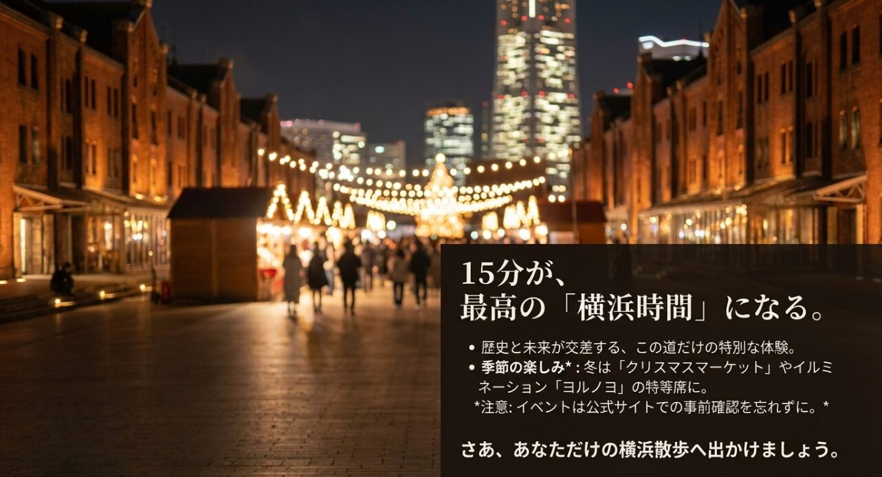 山下公園から赤レンガ倉庫までの徒歩移動の魅力と、冬のイベント「ヨルノヨ」等の紹介