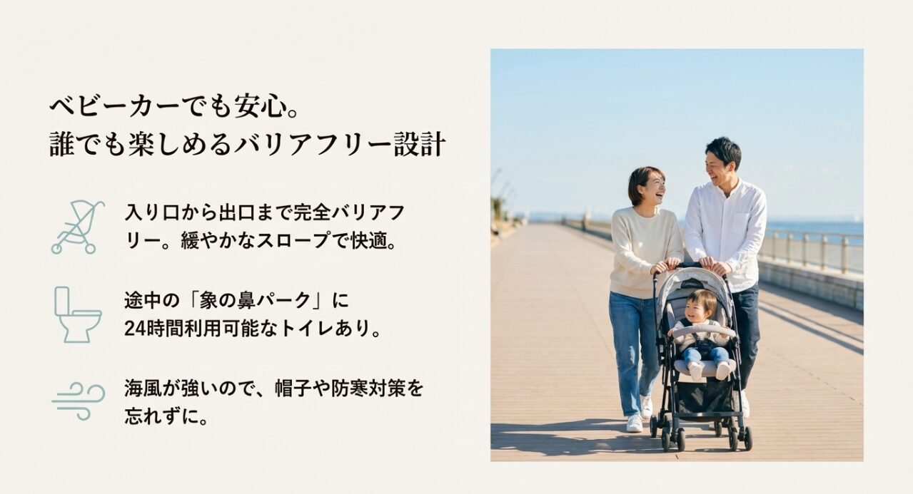 山下臨港線プロムナードのバリアフリー設計と象の鼻パークの24時間トイレの案内