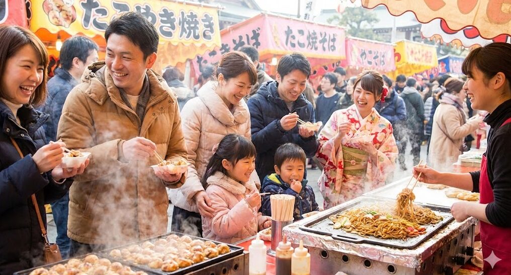 川崎大師や鶴岡八幡宮の初詣で賑わう屋台街。湯気が立ち上る熱々のたこ焼きや焼きそばなど、グルメを楽しむ参拝客（日本人）の様子。