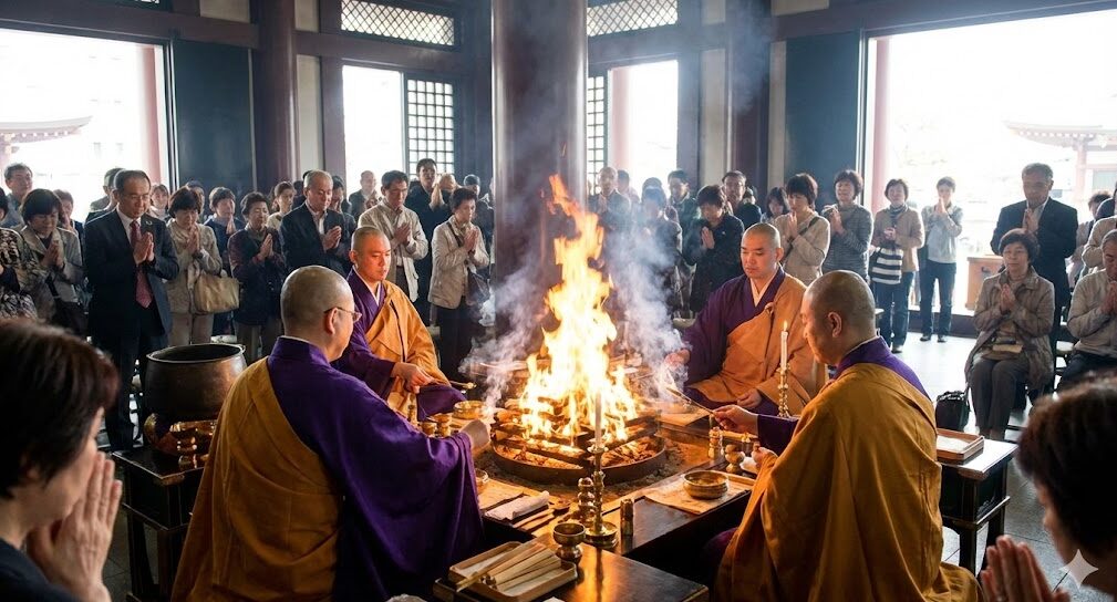 川崎大師（平間寺）の本堂で行われる護摩祈祷の様子。燃え上がる炎と厳かな雰囲気は、厄除けの強いパワーを象徴している。
