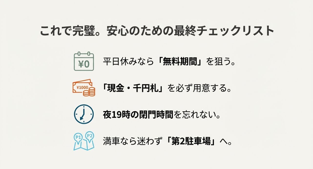 平日無料期間、現金・千円札の準備、19時閉門、満車時は第2駐車場へといった重要ポイントのまとめ。