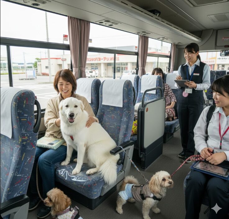 広々としたバスの座席で隣に愛犬を座らせ、笑顔でリラックスしている飼い主（日本人女性）の様子。犬専用バスツアーの快適な経験を伝える。