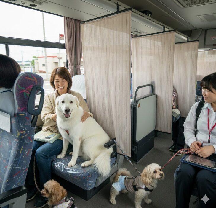 座席間にロールスクリーンが設置され、他の犬からの視線が遮断されたプライベート空間で愛犬とくつろぐ様子。