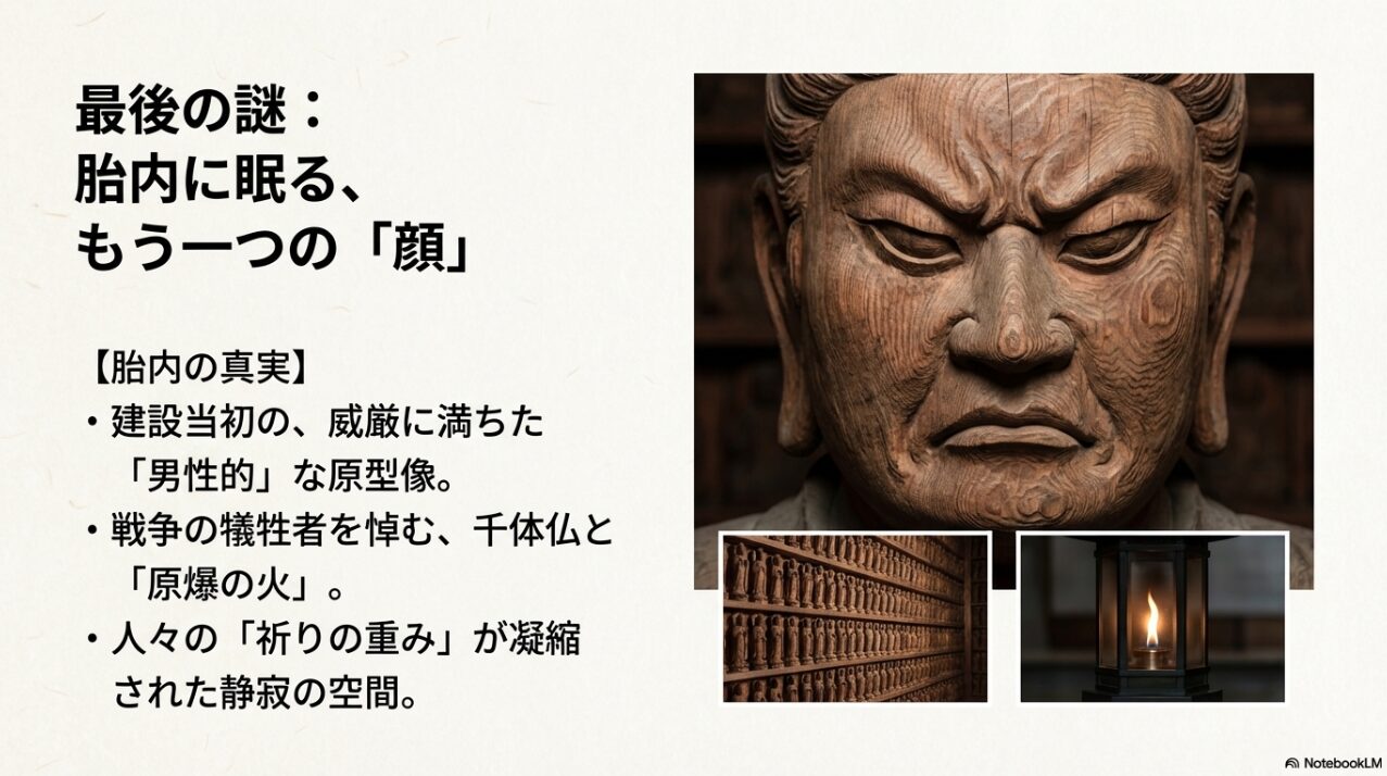 建設当初の男性的な原型像、千体仏、原爆の火など、大船観音の胎内の様子。