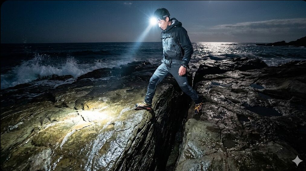 強力なヘッドライトとスパイクシューズを着用した人が、夜の濡れた岩場に走る深いクレバス（割れ目）を注意深く避けている様子。磯場の暗闇と足元の危険性を示す。