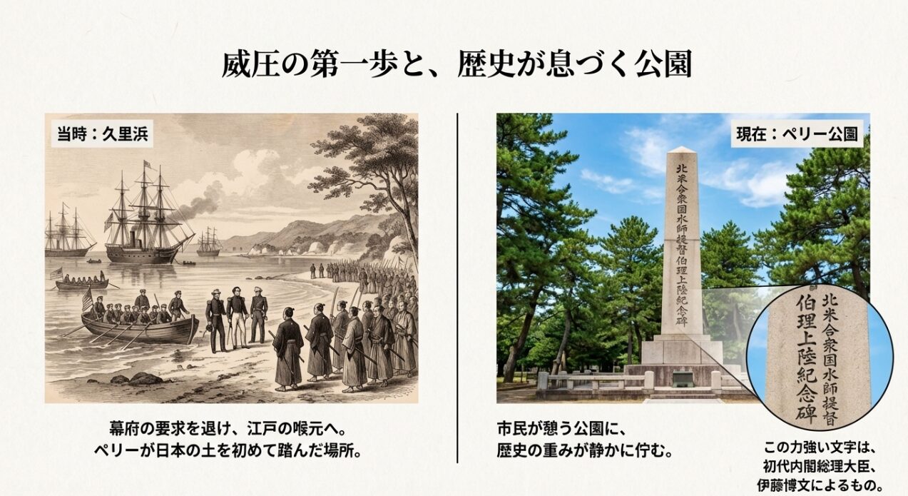 当時の久里浜への上陸図と、現在のペリー公園にある伊藤博文揮毫の記念碑を比較したスライド