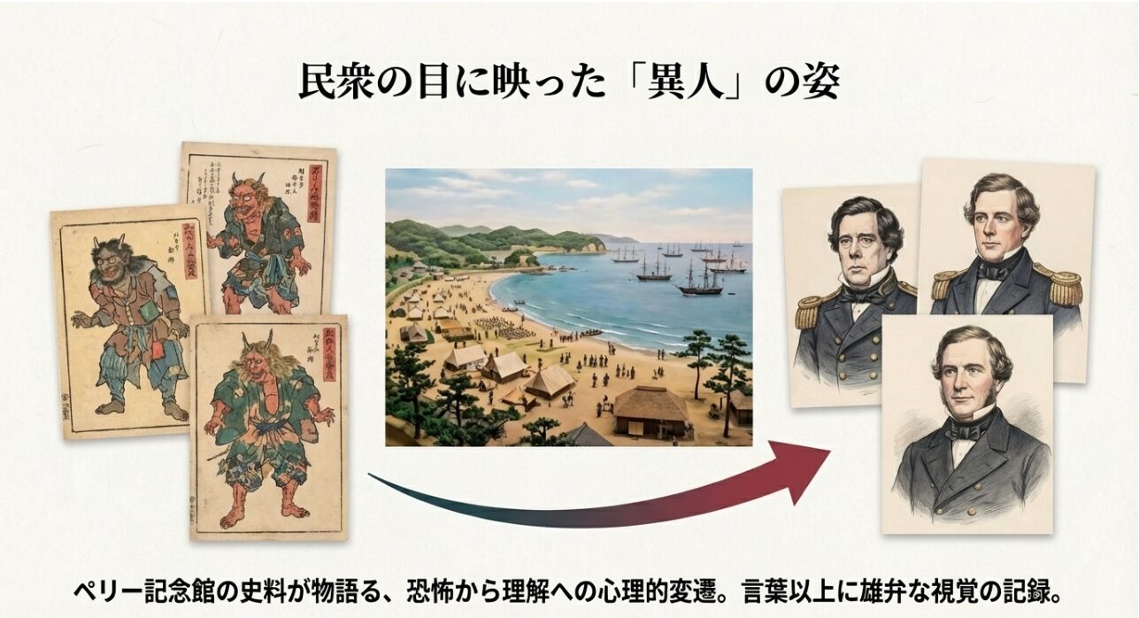 当時の日本人が描いたアメリカ人の肖像画など、ペリー記念館に展示されている貴重な視覚資料